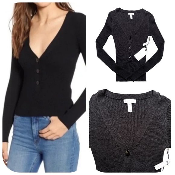 Leith Ribbed Knit Top V Neck Long Sleeve Henley NWT XS - Picture 1 of 10